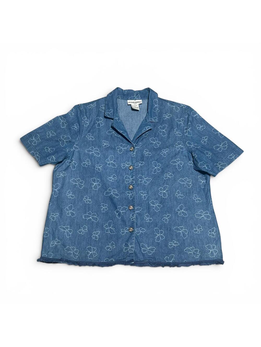 Vintage Denim Short Sleeve Button Down with Fringe and Embroidered Butterflies